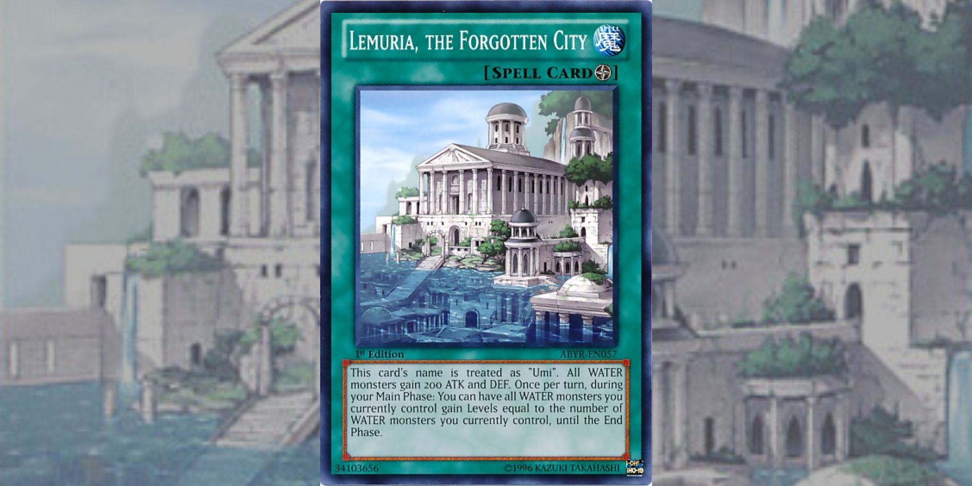 Yu-Gi-Oh! Card Lemuria the Forgotten City against background made from card art.
