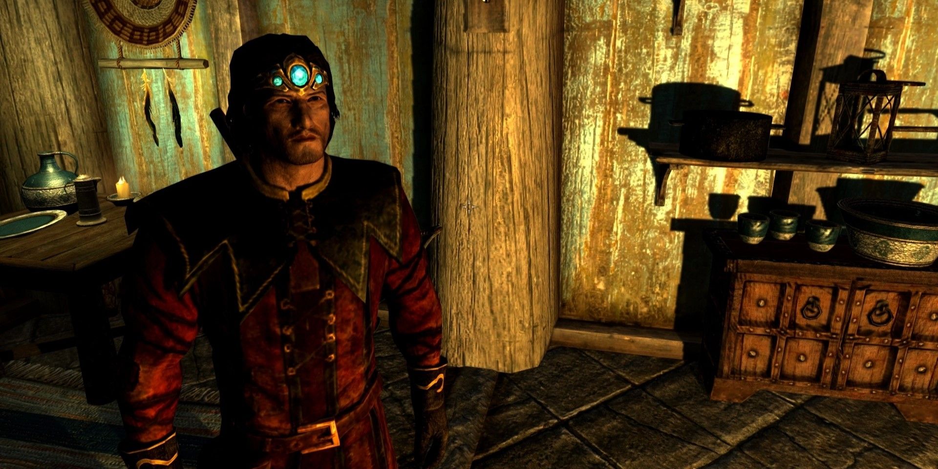 man wearing Cicero's clothes and Aetherial Crown in Skyrim