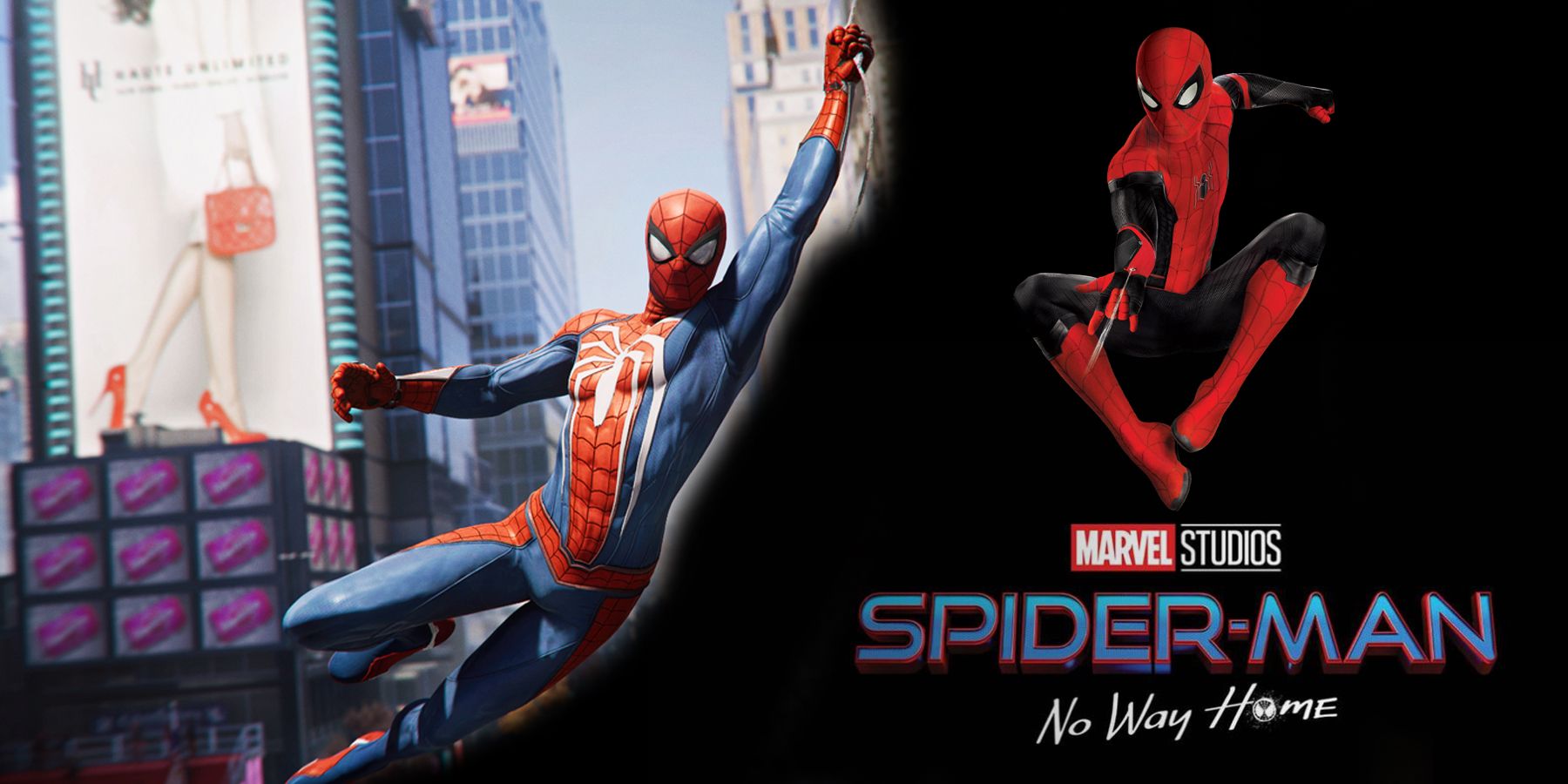 Spider-Man from Marvel's Spider-Man on PS4 and PS5 swings on a web well Spider-Man from the MCU jumps above the Spider-Man: No Way Home text logo.