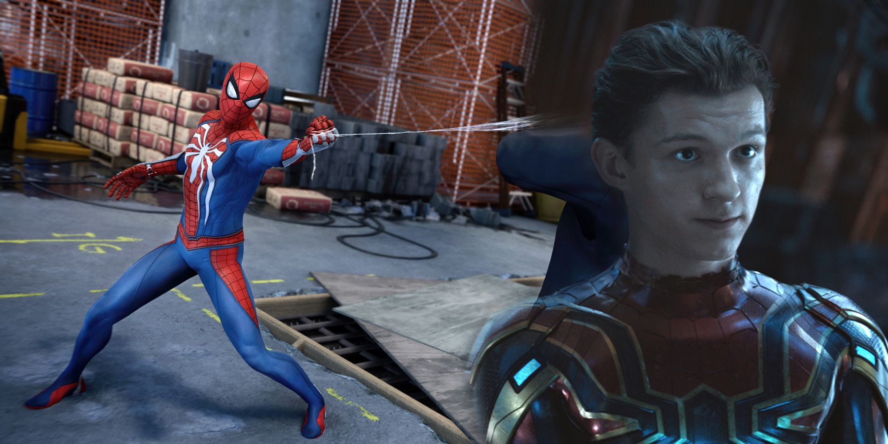 Spider-Man from Marvel's Spider-Man on PS4 and PS5 alongside Tom Holland's Spider-Man from the MCU.