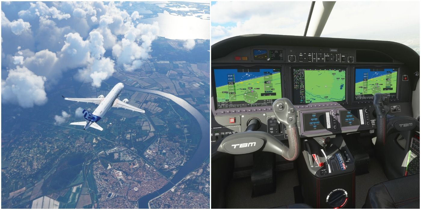 (Left) A plane in the air (Right) Iside of a cockpit