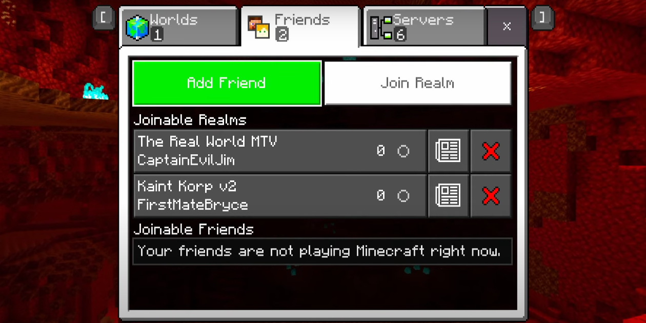 player looking at the menu to add friends and join realms.
