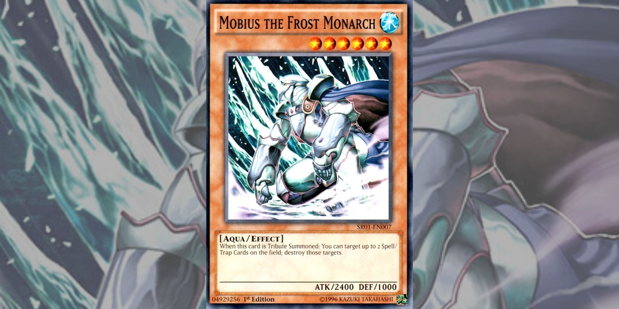 Yu-Gi-Oh! Card Mobius the Frost Monarch against background made from card art.