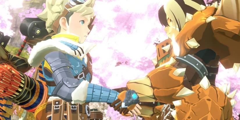 Protagonist and Kyle shaking hands in Monster Hunter Stories 2