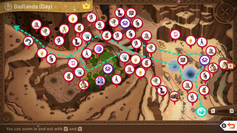 A complete map of the Barren Badlands (Day) course in New Pokemon Snap
