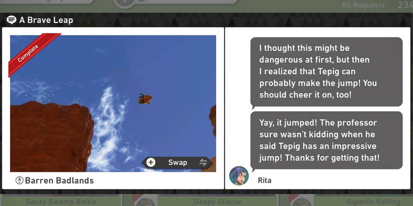 The A Brave Leap request in New Pokemon Snap's Barren Badlands (Day) course