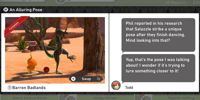 The An Alluring Pose request in New Pokemon Snap's Barren Badlands (Day) course