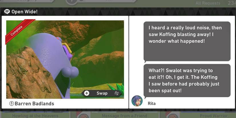 The Open Wide! request in New Pokemon Snap's Barren Badlands (Day) course