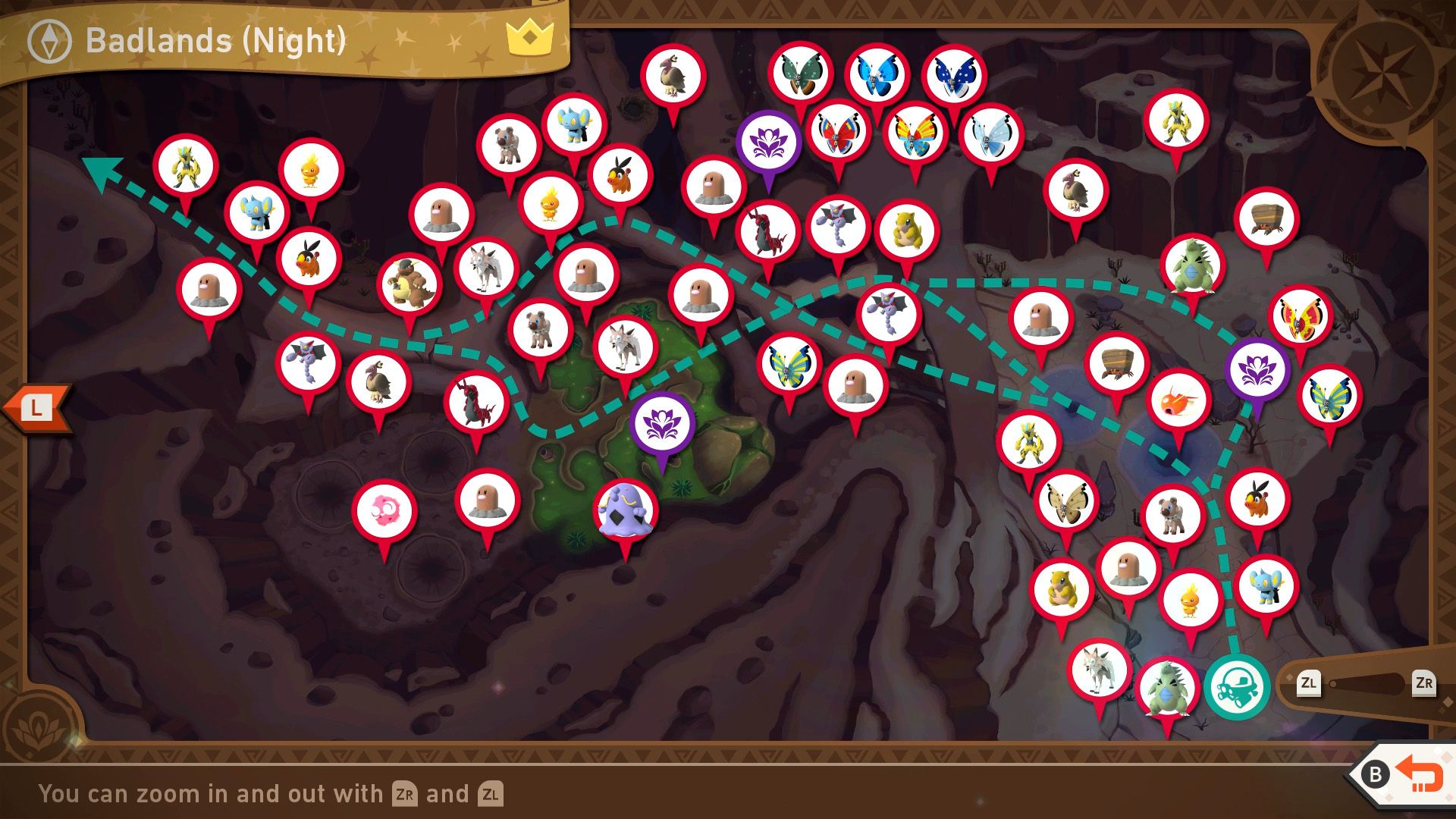 A complete map of the Barren Badlands (Night) course in New Pokemon Snap