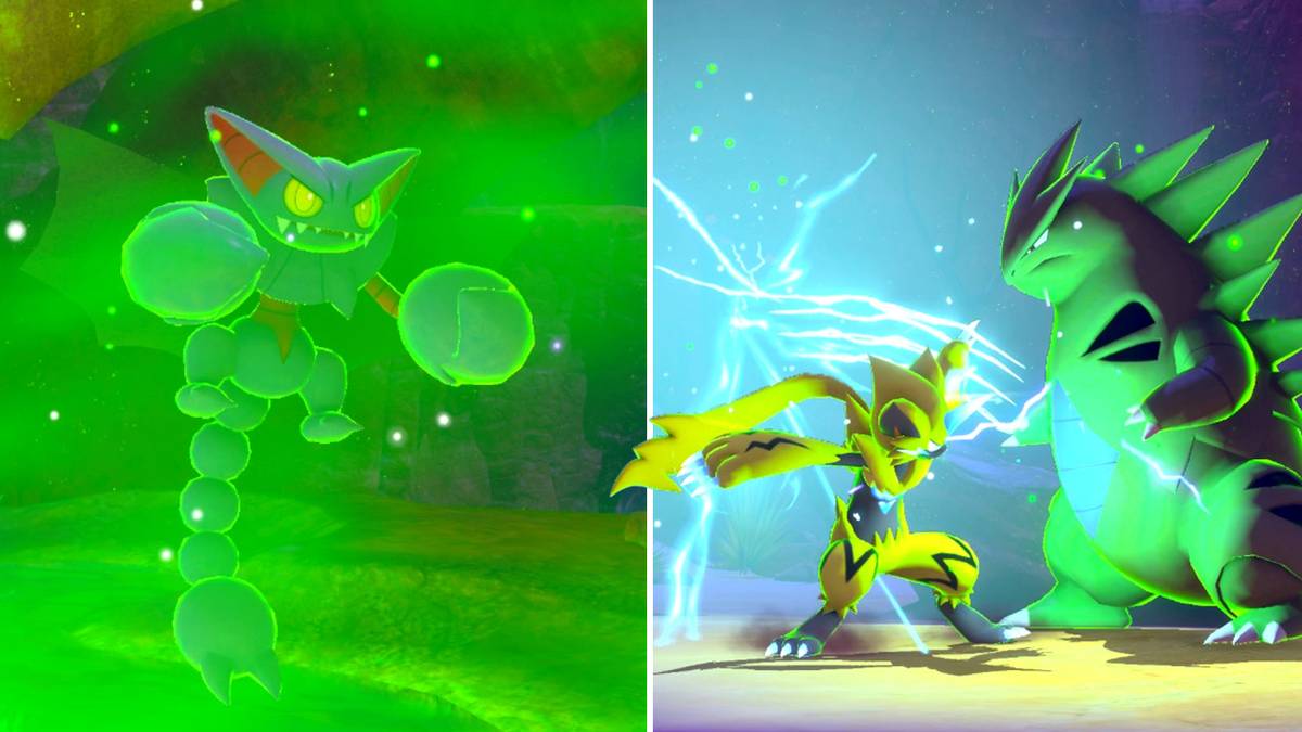 Gliscor, Zeraora and Tyranitar in the Barren Badlands (Night) course in New Pokemon Snap