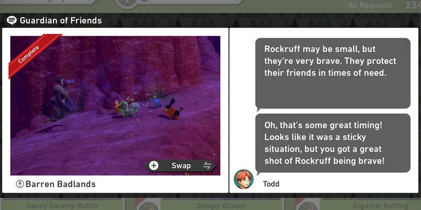 The Guardian of Friends request in New Pokemon Snap's Barren Badlands (Night) course