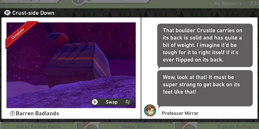 The Crust-Side Down request in New Pokemon Snap's Barren Badlands (Night) course