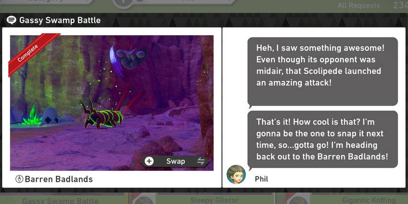 The Gassy Swamp Battle request in New Pokemon Snap's Barren Badlands (Night) course
