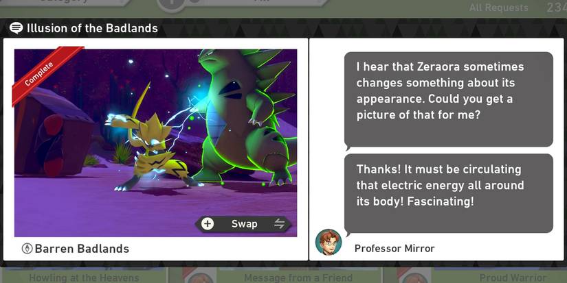 The Illusion of the Badlands request in New Pokemon Snap's Barren Badlands (Night) course