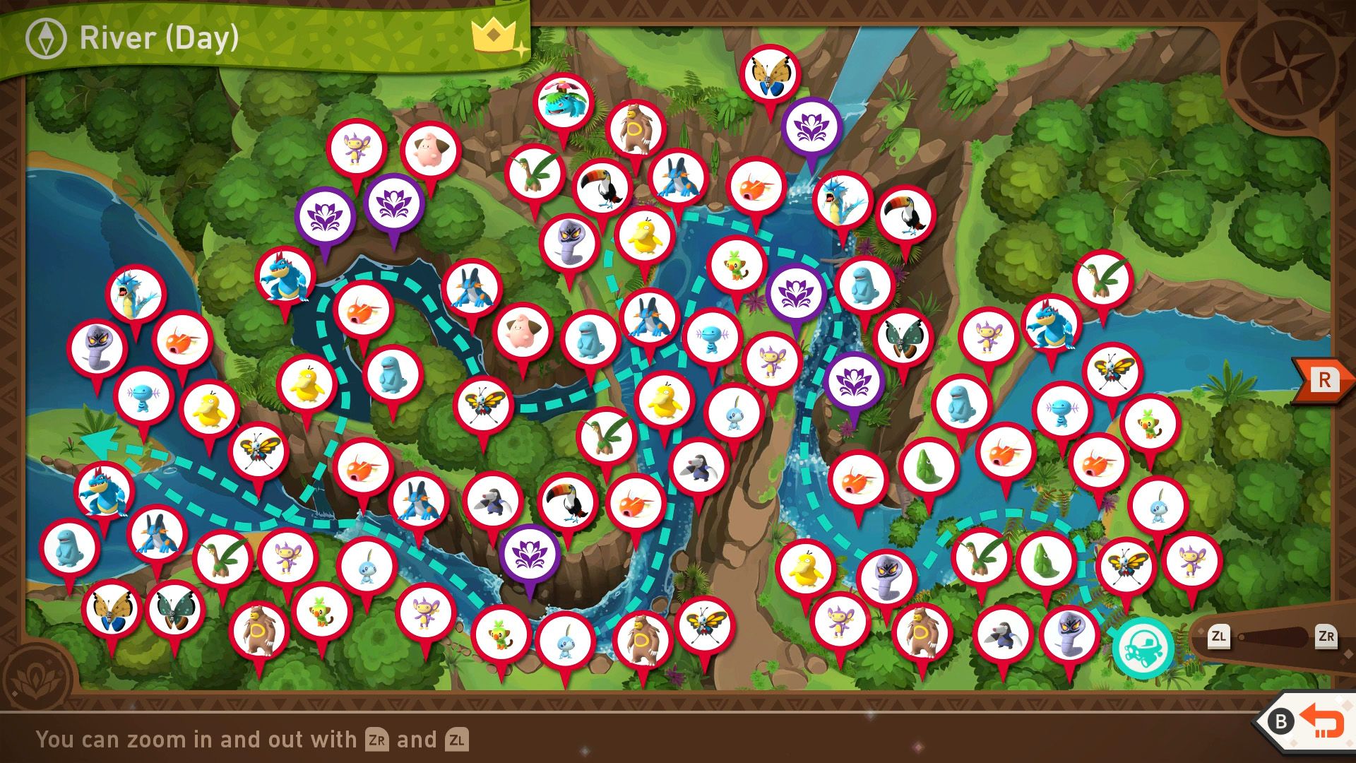 A complete map of the Mightywide River (Day) course in New Pokemon Snap