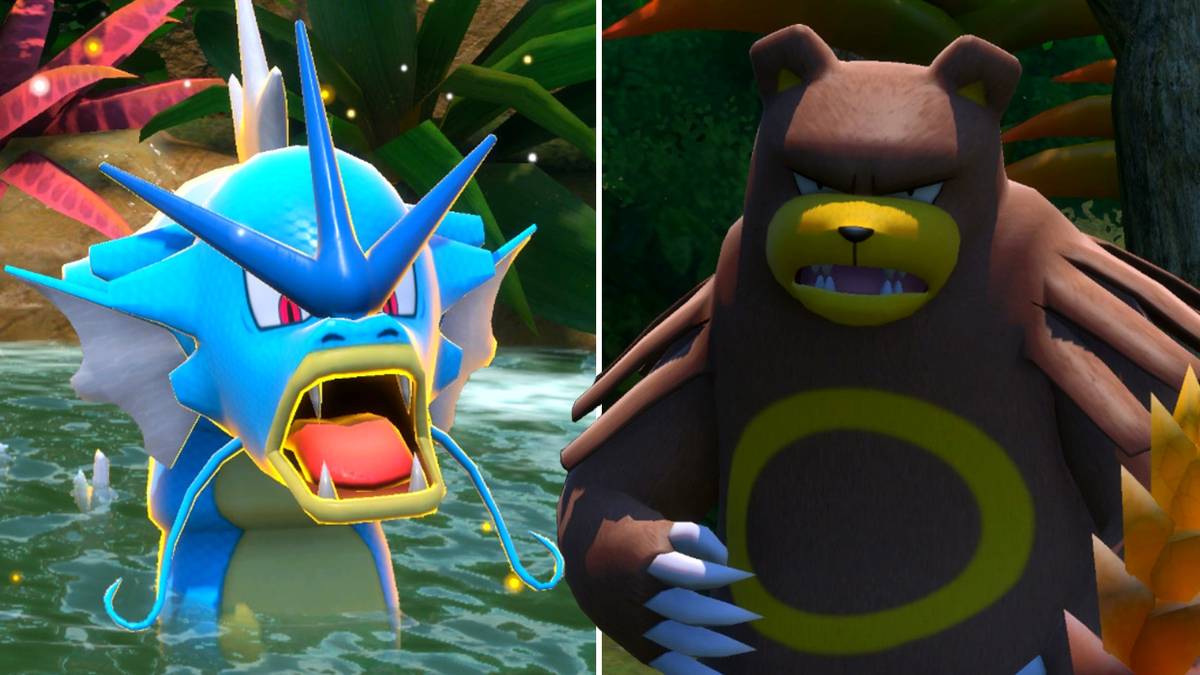 Gyarados and Ursarung in the Mightywide River (Day) course in New Pokemon Snap