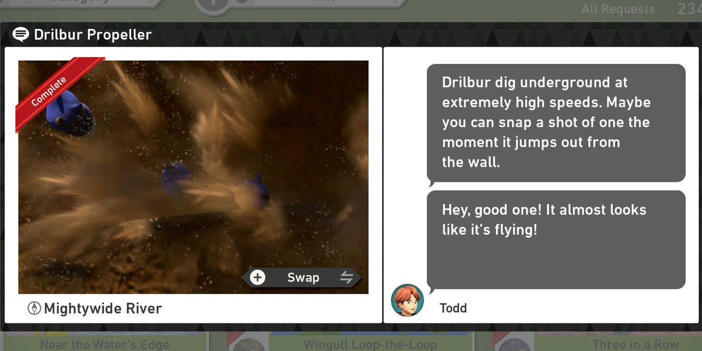 The Drilbur Propeller request in New Pokemon Snap's Mightywide River (Day) course