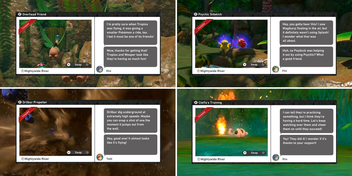 The four photo requests in New Pokemon Snap's Mightywide River (Day) course