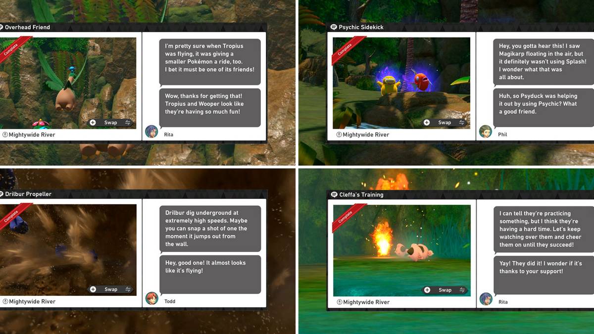 The four photo requests in New Pokemon Snap's Mightywide River (Day) course