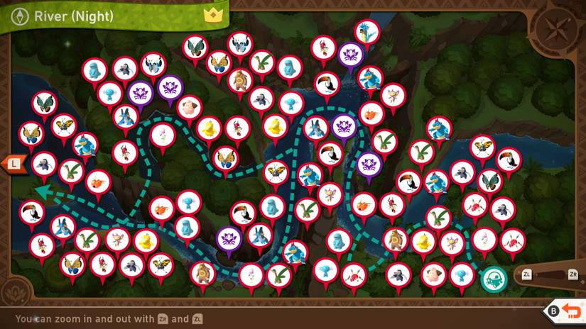 A complete map of the Mightywide River (Night) course in New Pokemon Snap