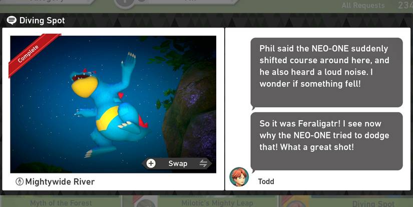 The Diving Spot request in New Pokemon Snap's Mightywide River (Night) course