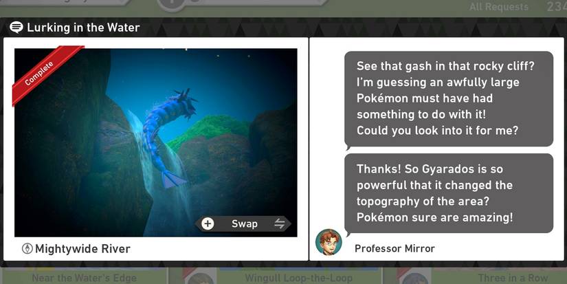 The Lurking in the Water request in New Pokemon Snap's Mightywide River (Night) course