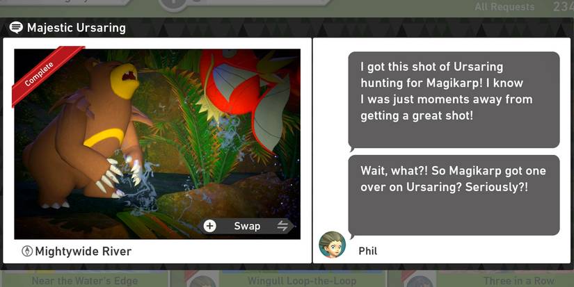 The Majestic Ursaring request in New Pokemon Snap's Mightywide River (Night) course