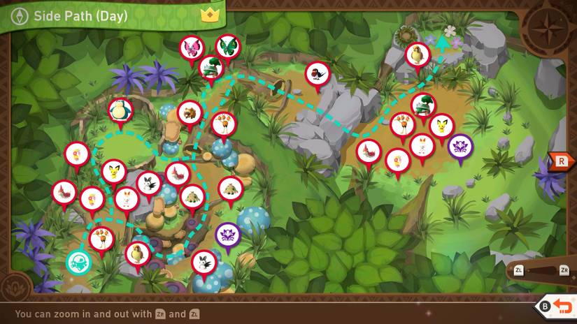 A complete map of the Secret Side Path (Day) course in New Pokemon Snap