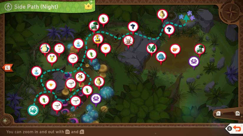A complete map of the Secret Side Path (Night) course in New Pokemon Snap