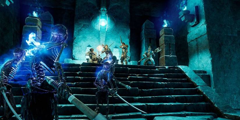 skeletons facing off against characters