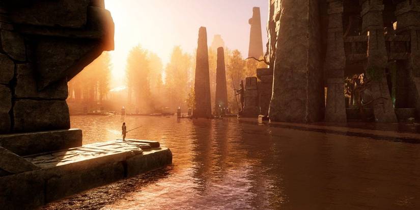 character fishsing over lake, sunset in background