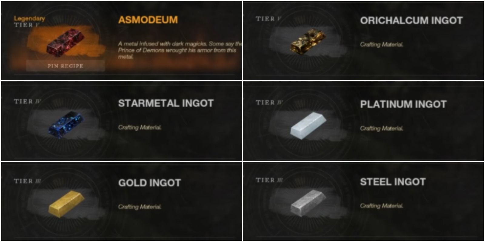 new world rarest metals asmodeum orichalcum ingot platinum ingot starmetal ingot gold ingot and steel ingot in menu