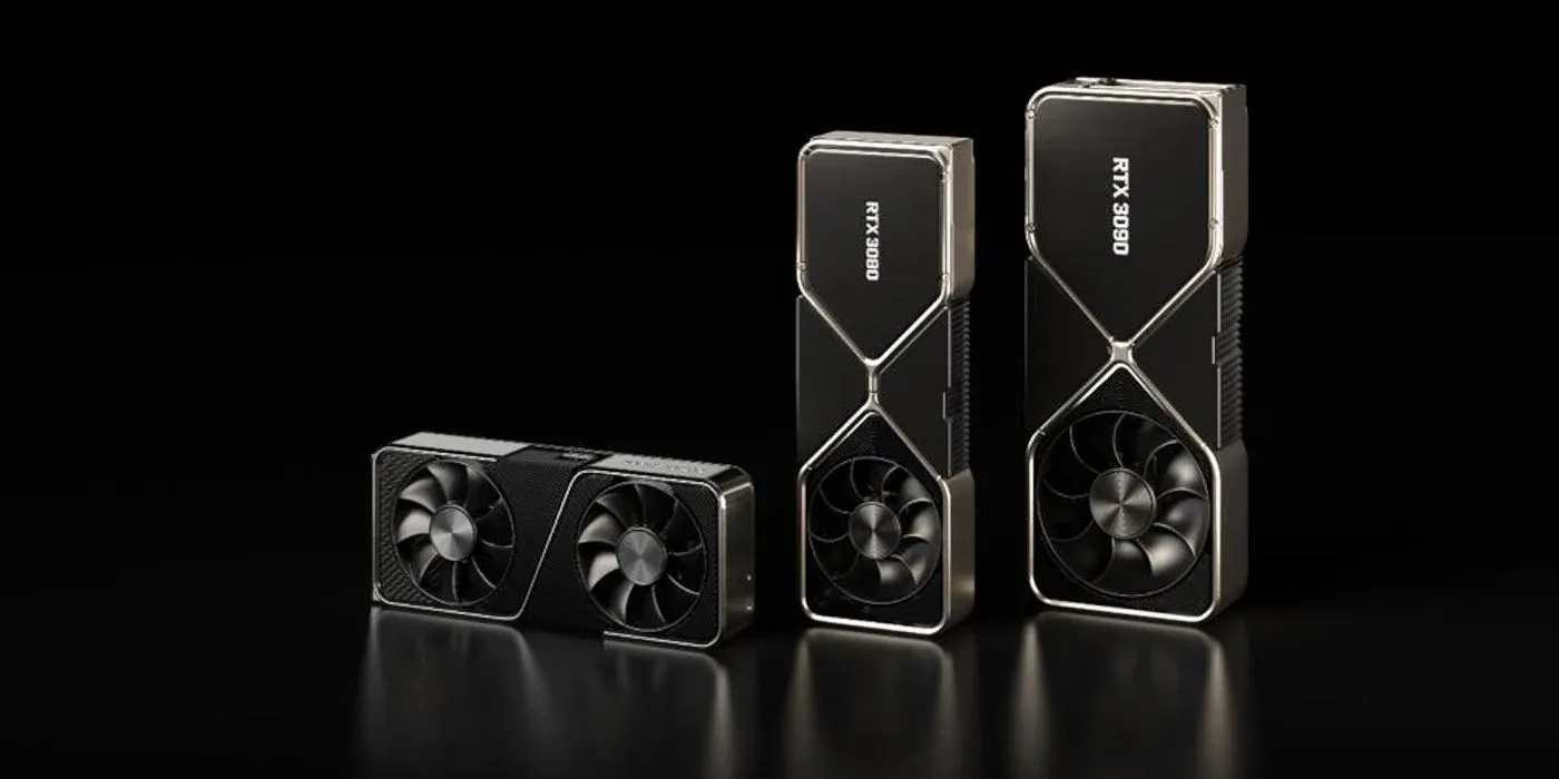 Images of a series of Nvidia 30 graphics cards on a black background.