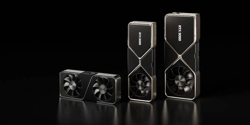 Images of a series of Nvidia 30 graphics cards on a black background.