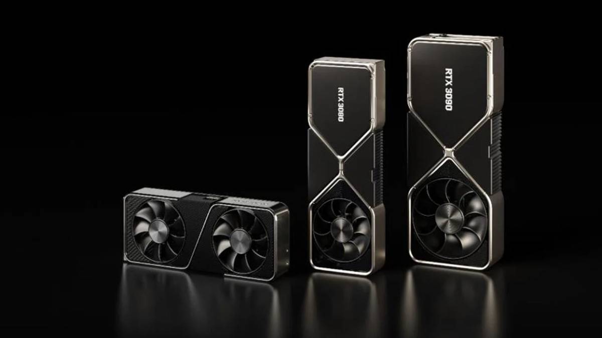 Images of a series of Nvidia 30 graphics cards on a black background.