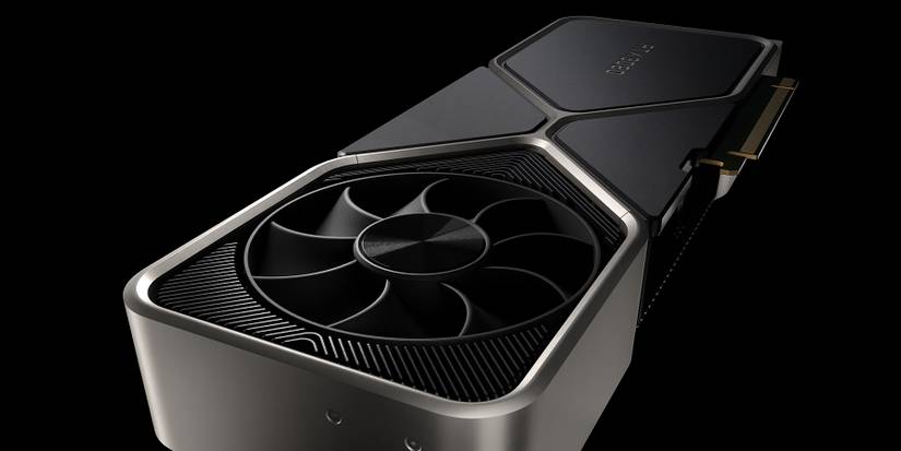 Close up photo of an Nvidia RTX 3080 card on a black background.