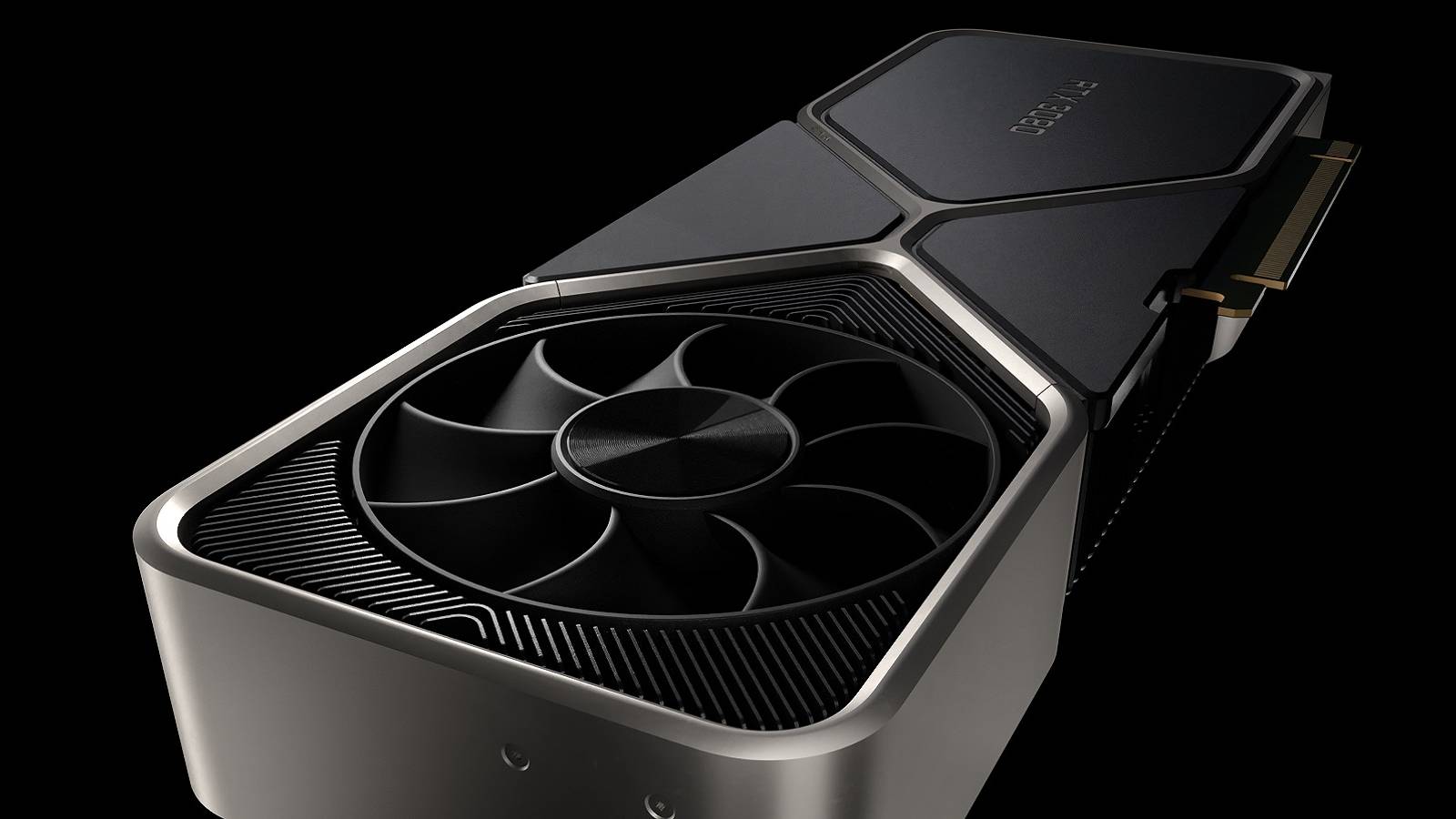 Close up photo of an Nvidia RTX 3080 card on a black background.