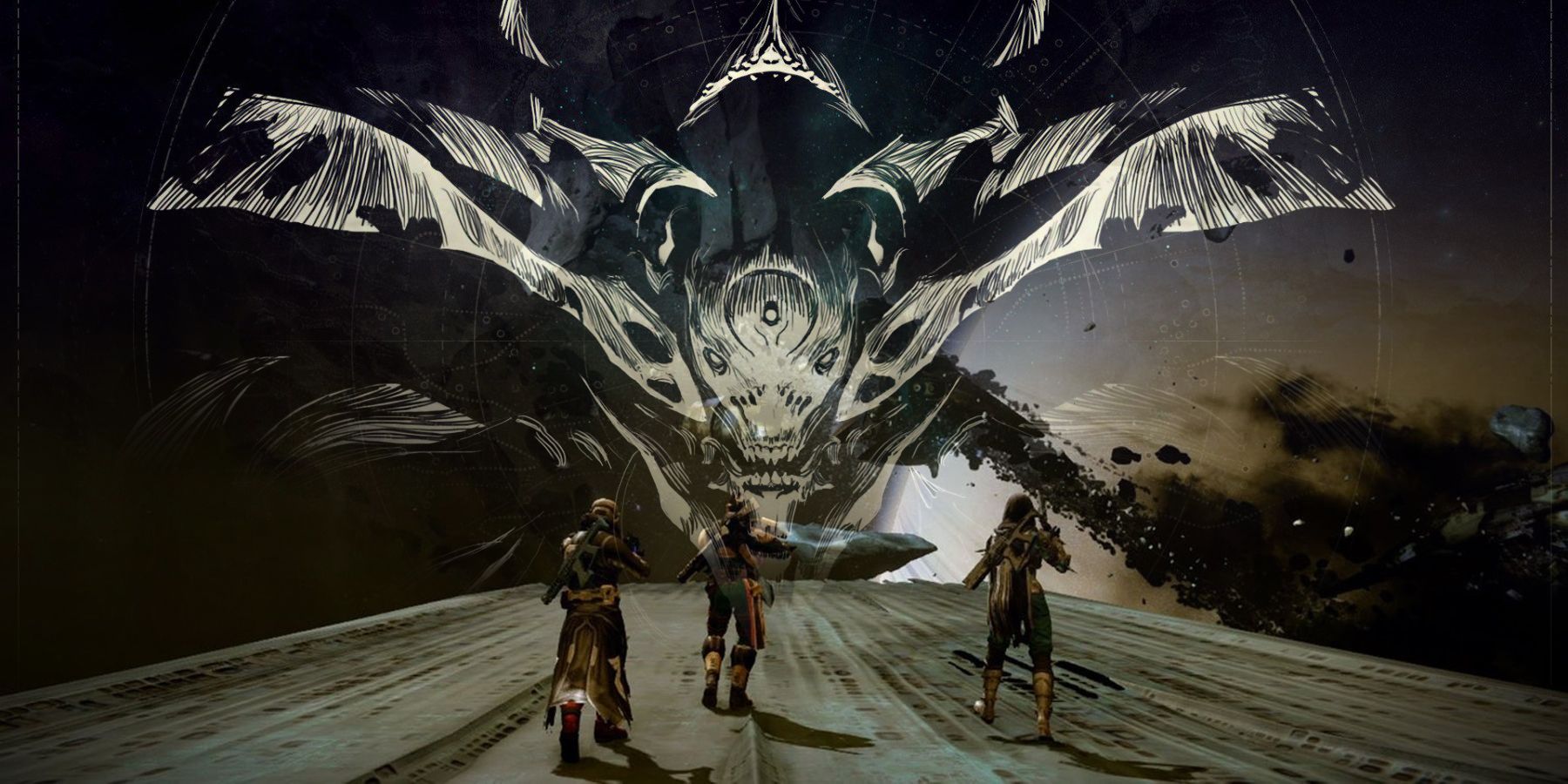 A ghastly image of Oryx, the Taken King looks over three guardians in the King's Fall raid from the first Destiny game.