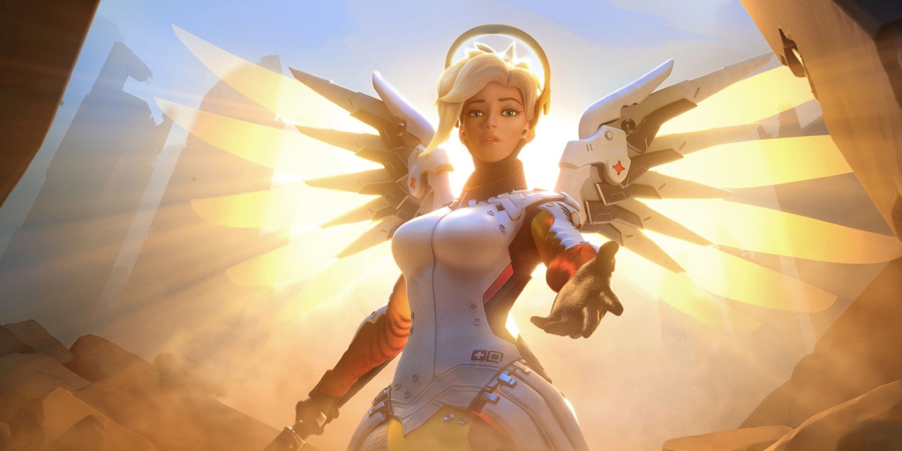 mercy from overwatch reaching towards the camera