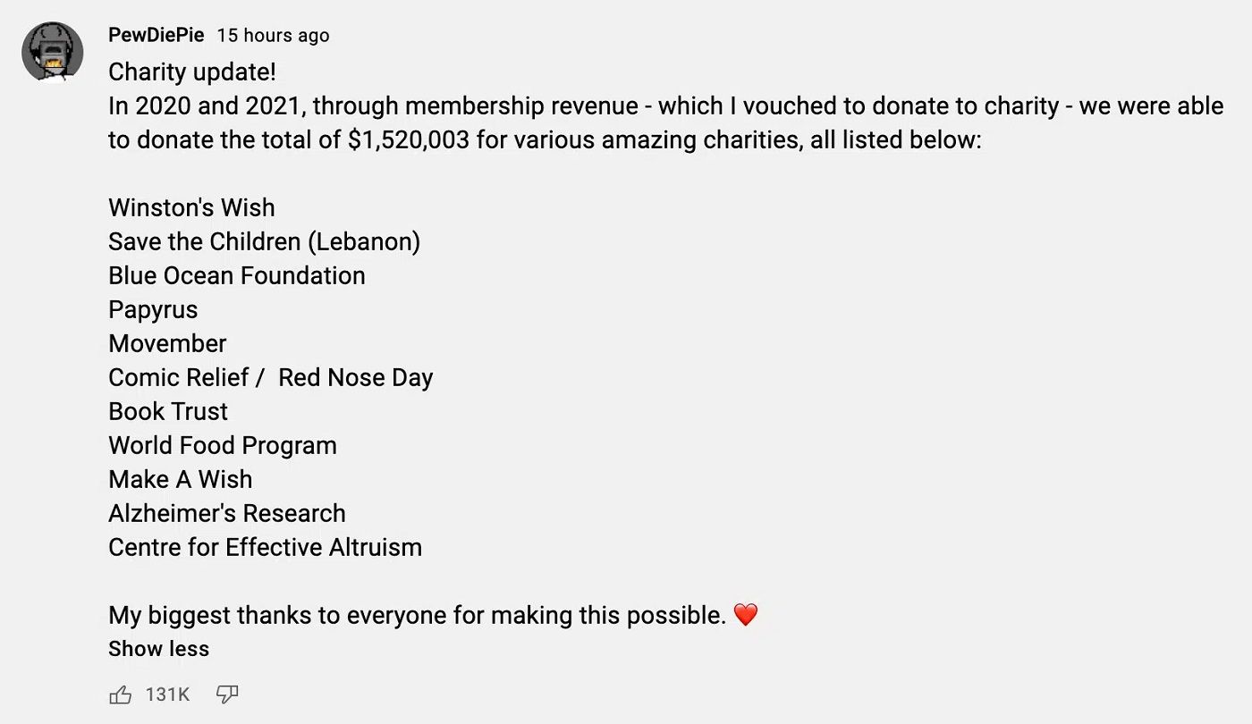 Screenshot from PewDiePie's YouTube community page which lists all the charities he's donated to, and how much.