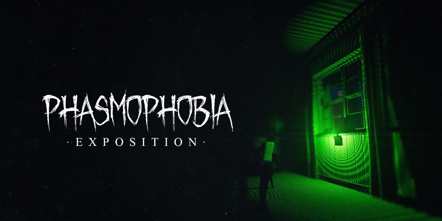 Image showing the Phasmophobia "Exposition" logo in a dark room with neon green lighting.