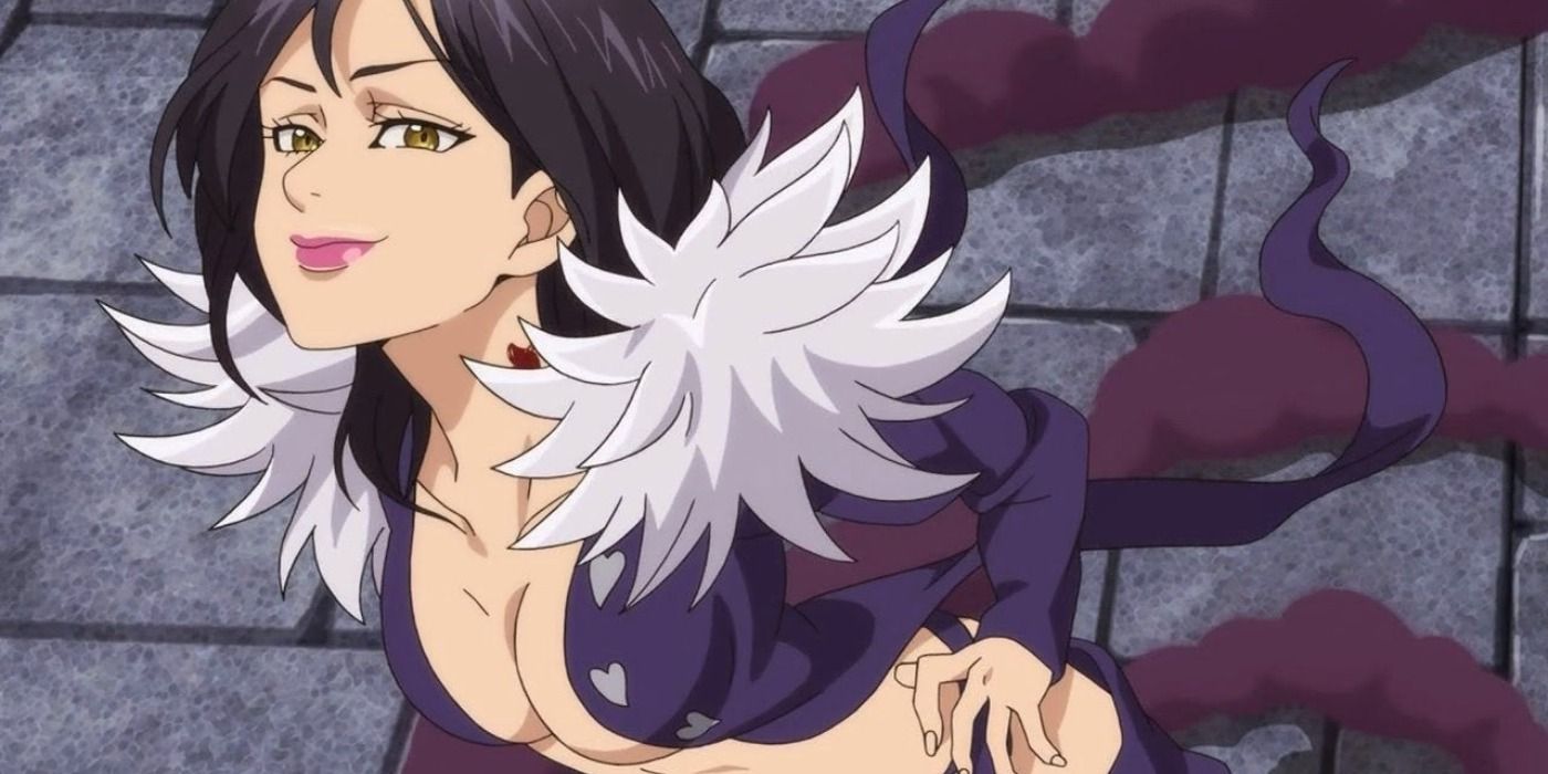 Merlin from Seven Deadly Sins anime woman with black hair and purple outfit smirking