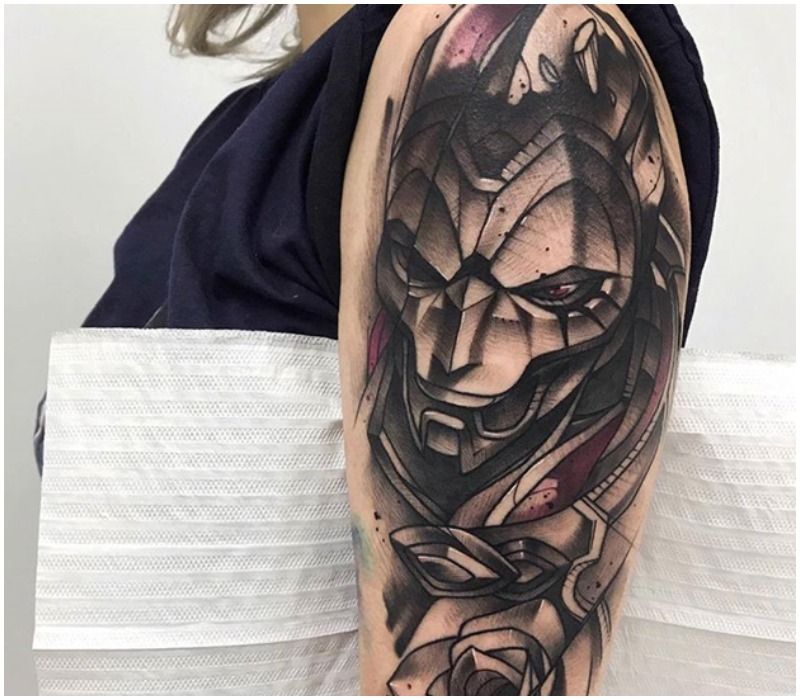 Jhin Tattoo League of Legends on woman's shoulder and arm