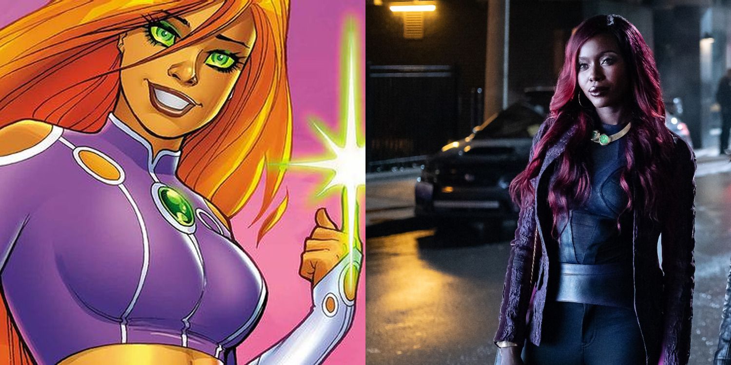 Starfire feature split image Starfire uses her powers in New 52 and Starfire stands on the street in Titans