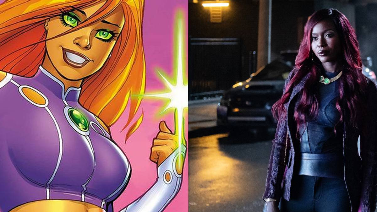 Starfire feature split image Starfire uses her powers in New 52 and Starfire stands on the street in Titans