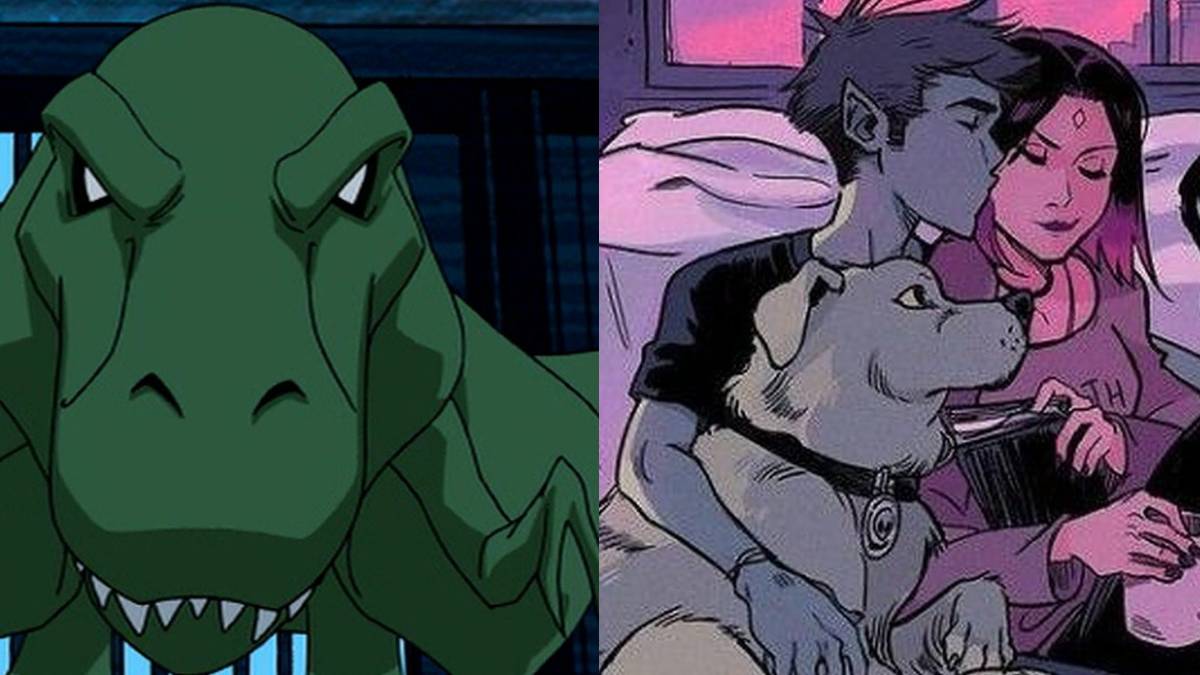Beast Boy feature split image Beast Boy transforms into a dinosaur and Beast Boy and Raven date