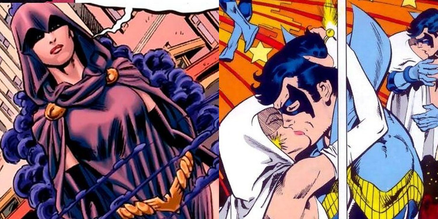 Raven feature split image Raven wears a different costume in the comics and Raven and Dick kiss