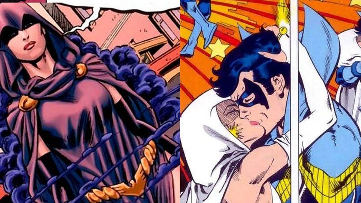 Raven feature split image Raven wears a different costume in the comics and Raven and Dick kiss