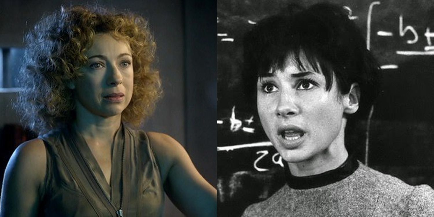 Doctor Who feature split image River stands in her prison cell and Susan talks to her teacher