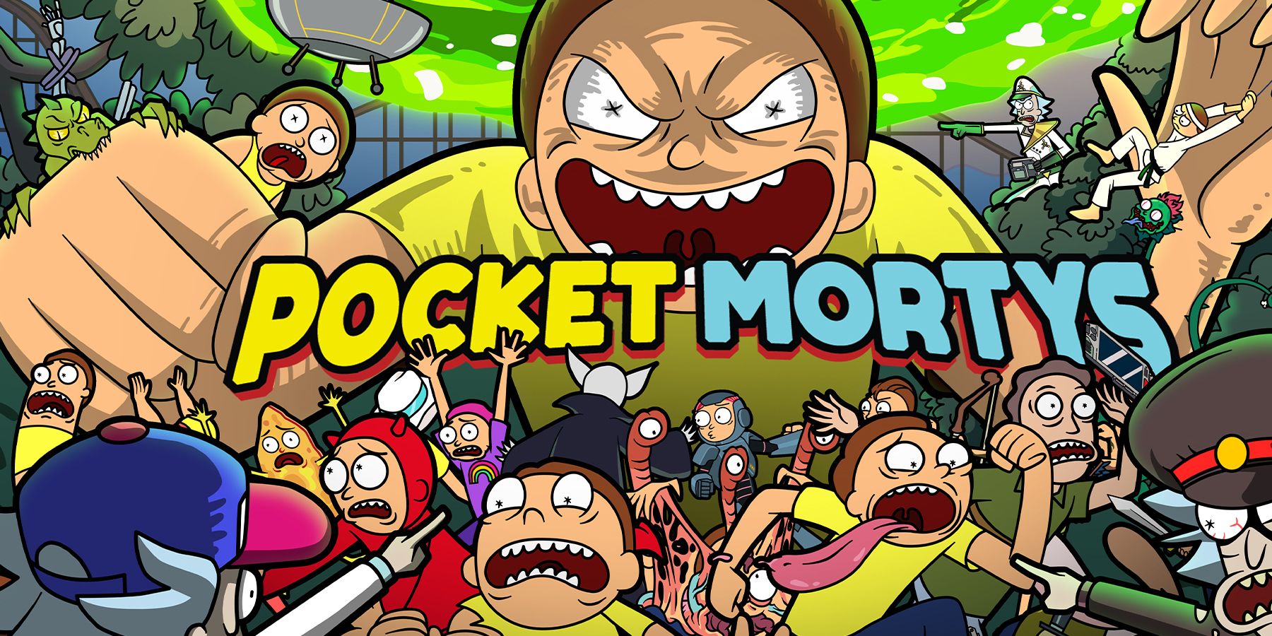 Pocket Mortys logo with several Mortys from the game.
